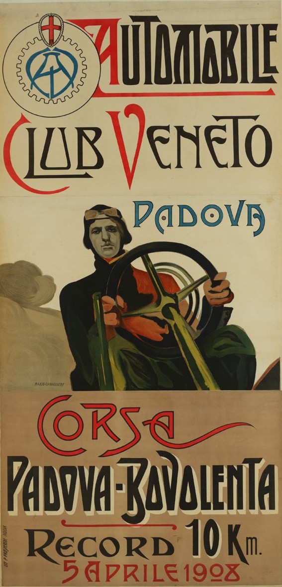 Manifesto del 1908 per la corsa automobilistica Padova-Bovolenta, con un pilota d'epoca alla guida e testo artistico dell'Automobile Club Veneto.